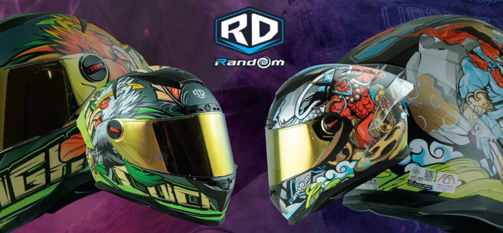Two colorful motorcycle helmets with 'RD' branding on a dark background